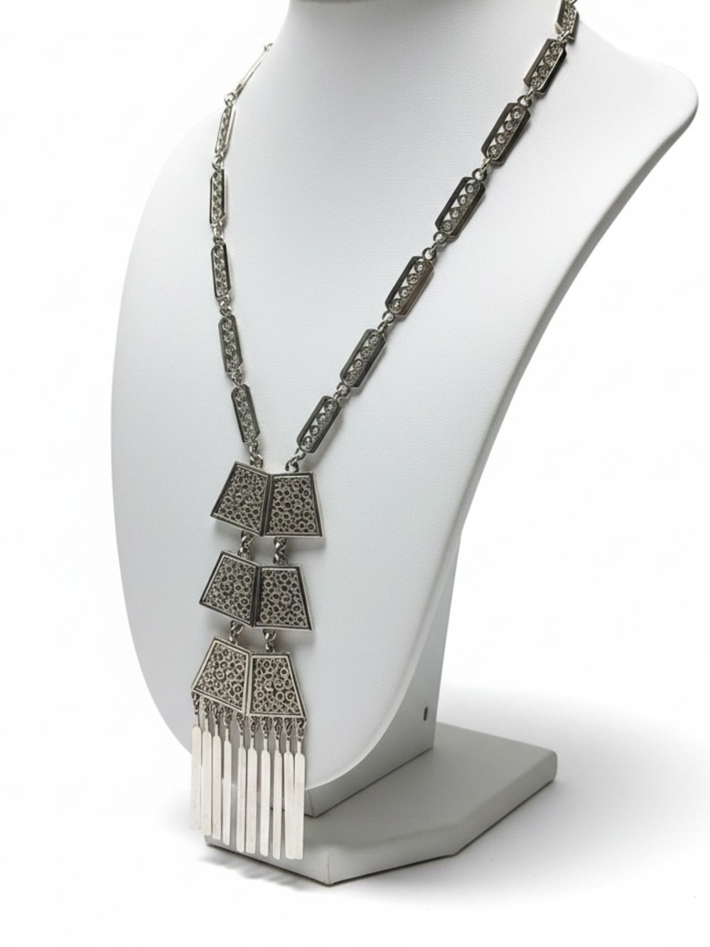 Egyptian Revival Filigree Block Fringe Necklace Silver Tone